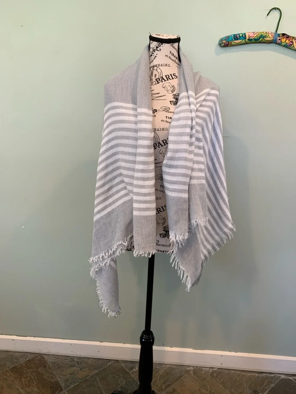 Women’s Light Gray & White Striped Lightweight Fringed Shawl Wrap